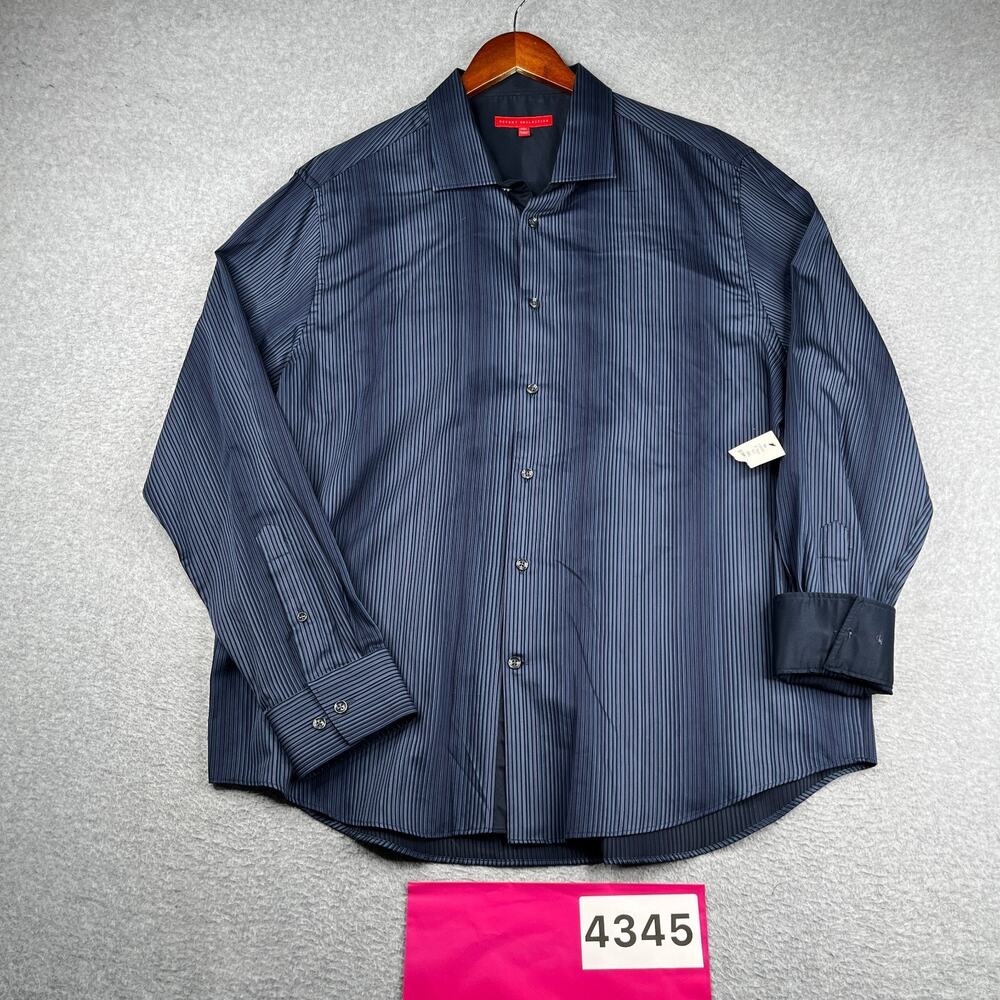Report Collection Shirt Navy Blue Striped Casual Button Up Long Sleeve 2XL NEW